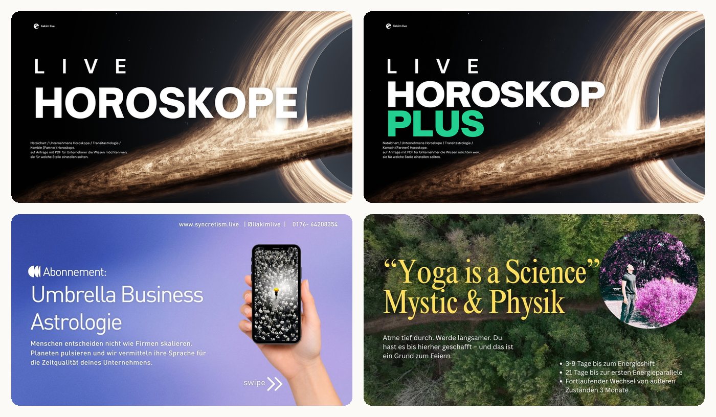 Die Angebote von Liakim Live nebeneinander: Live Horoskop, Live Horoskop Plus, Business Astrologie und Light Language Education